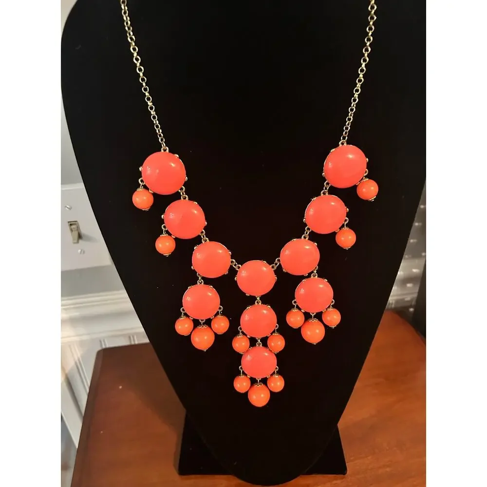J Crew Tangerine Orange Bubble Necklace Gold Tone Chain Statement 24 Inch